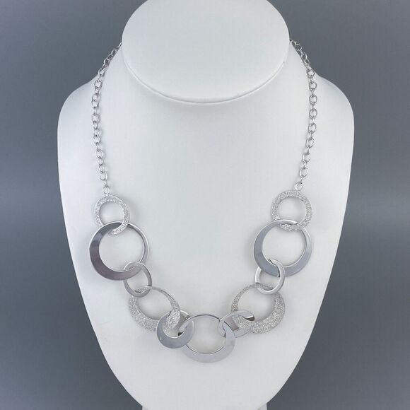 Vintage Sterling Silver 925 Alternating Texture Interlink Circle Necklace 18" - Picture 1 of 5